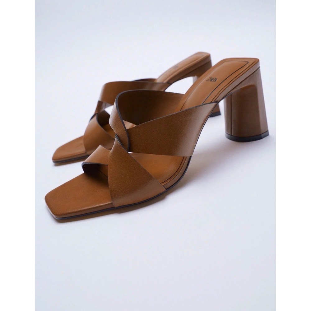 Zara Women Brown Strappy Block Heel Sandals Square Toe Mules Size 42